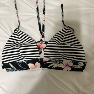 Victoria's Secret Black and White Striped Bra with Floral Accents